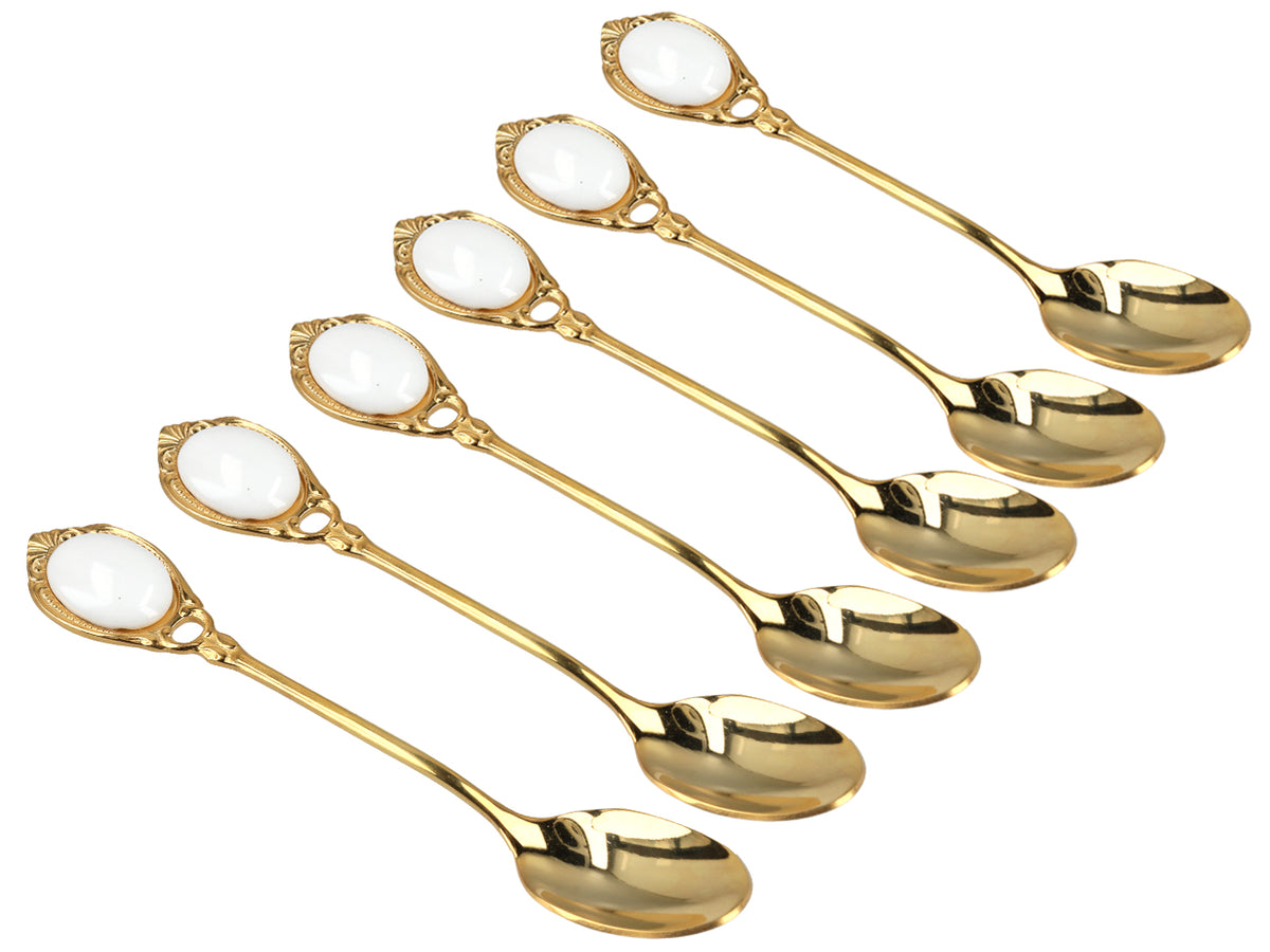 Zestaw 6 łyżeczek powlekanych 24K złotem Białe oczka CARMANI z możliwością personalizacji grawerem - elegancki prezent na każdą okazję, wymiary 13 cm