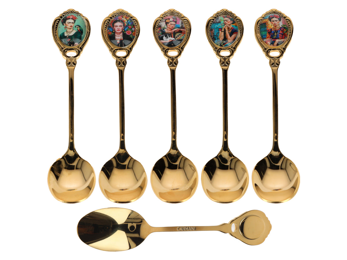Set de 6 lingurițe placate cu aur 24K F. Kahlo cu posibilitate de personalizare prin gravură - tacâmuri elegante pentru cadou, 13 cm, CARMANI
