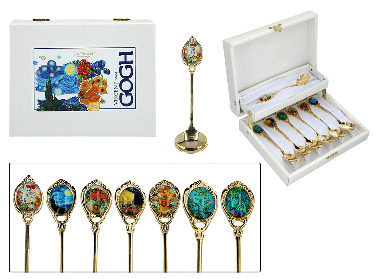 Set de 6 lingurițe placate cu aur 24K cu 1 linguriță pentru zahăr - V. van Gogh, mix, posibilitate de personalizare prin gravură, ambalaj elegant pentru cadou, dimensiuni 13 cm