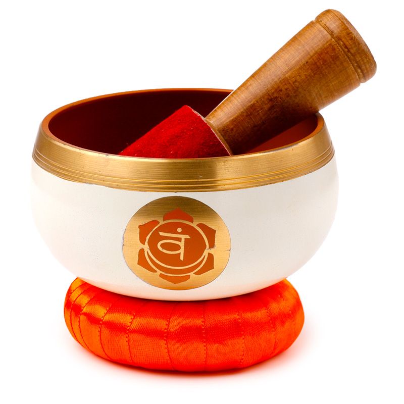 Bol cântător chakră portocalie cu posibilitate de personalizare prin gravură, bol sonor metalic, ideal pentru cadou, diametru 10 cm, înălțime 5 cm