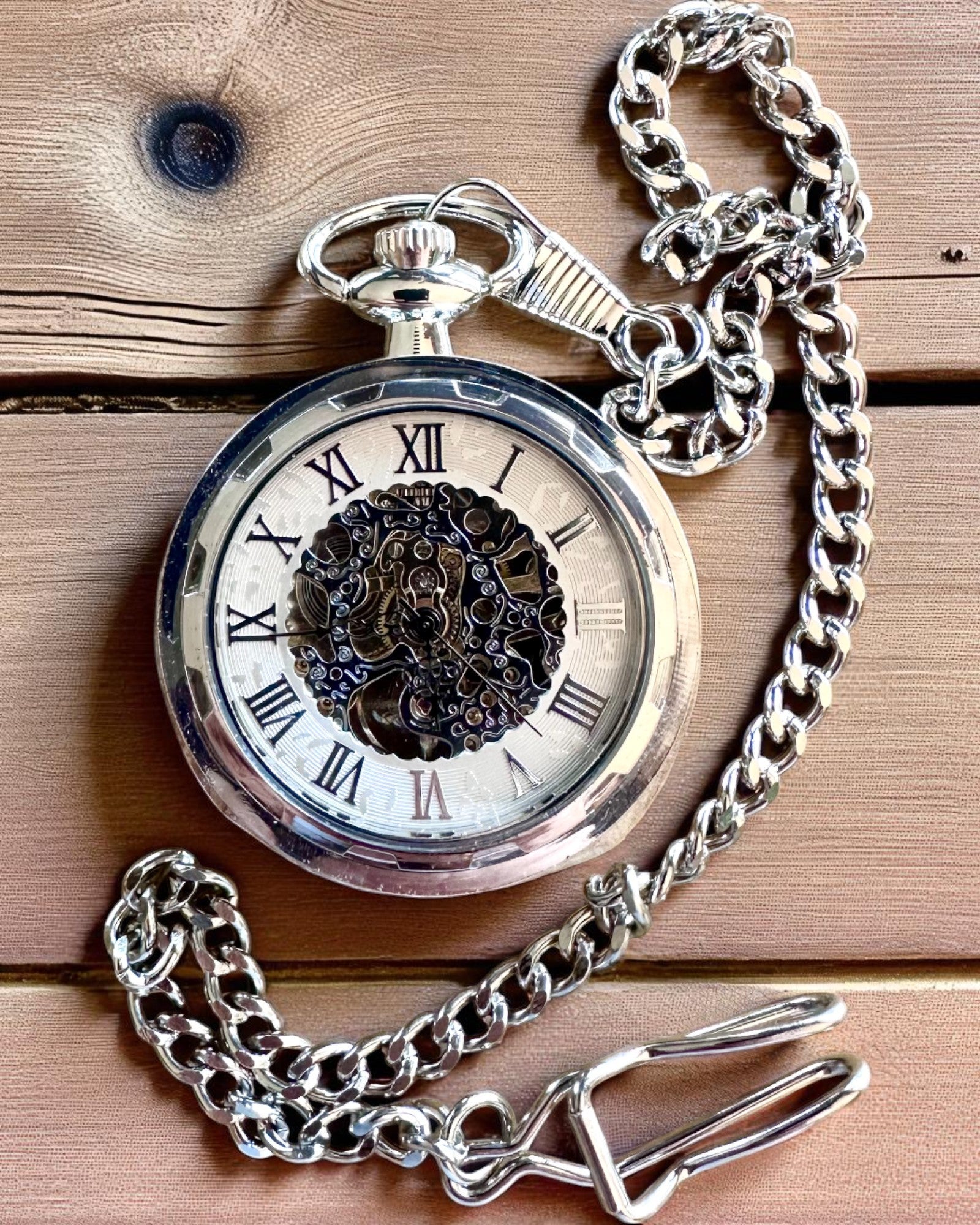Srebrny Ekskluzywny Zegarek Kieszonkowy Mechaniczny w Stylu Retro, Wodoodporny - Elegancja na Każdą Okazję, z grawerem