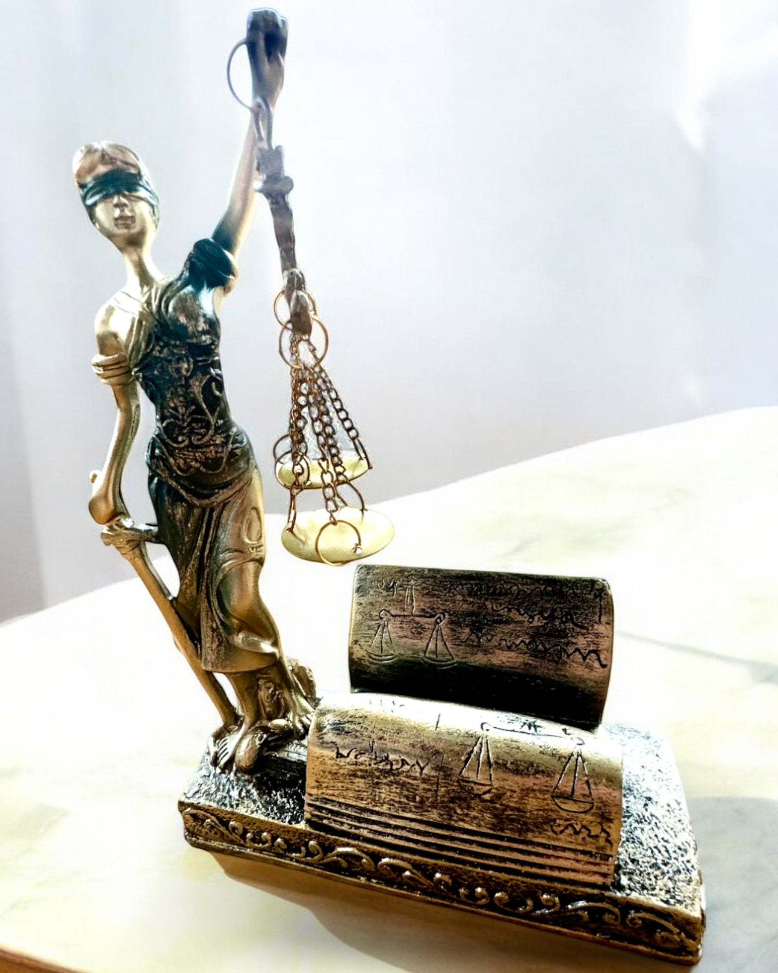 Statuetka "Justicia 2" - Bogini Sprawiedliwości – Artystyczna Dekoracja na Półkę, Rzemiosło z Żywicy, personalizacja grawerem