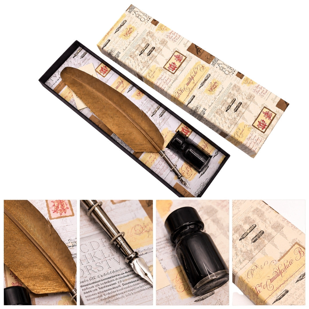 Set de caligrafie - pană de gâscă aurie cu peniță + tuș – 7262
