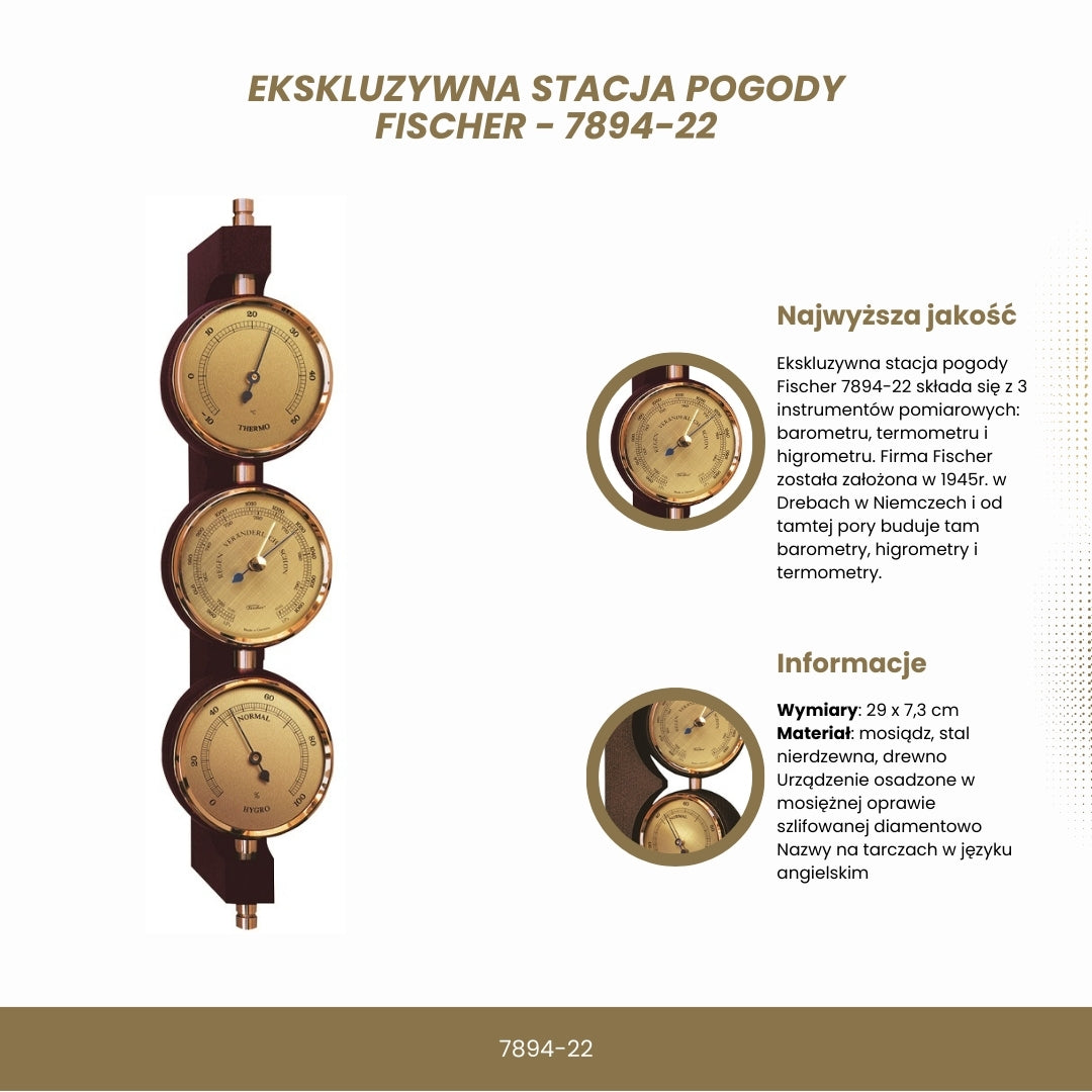 Stație meteo exclusivistă Fischer 7894-22 din alamă și mahon, cu gravură personalizată - barometru, termometru și higrometru, cadou în stil clasic, dimensiuni 29x7,3 cm