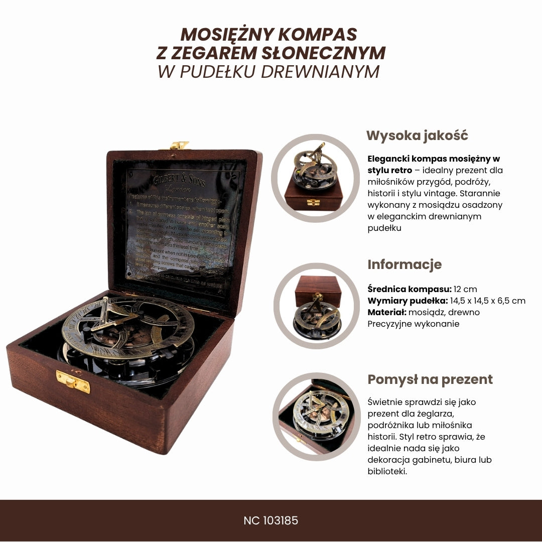 Mosiężny Kompas Zegar Słoneczny w Drewnianym Pudełku z Możliwością Grawerowania