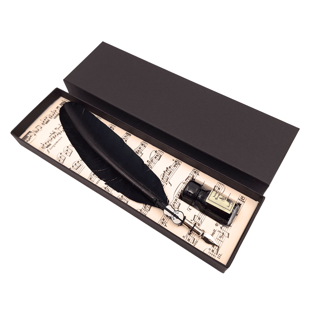 Set elegant de caligrafie cu pană de gâscă neagră cu peniță, cerneală și posibilitate de personalizare prin gravură