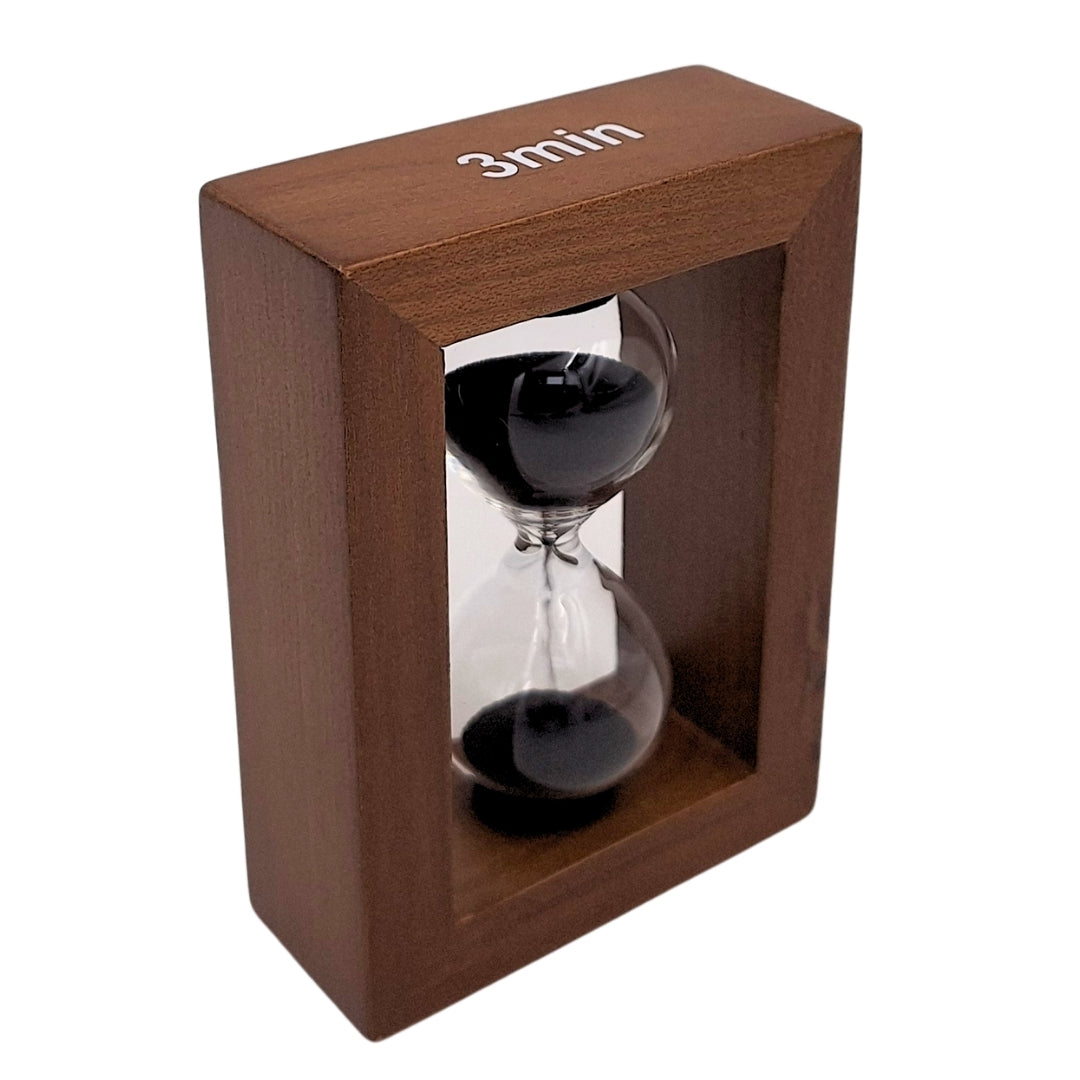 Clepsidră cu nisip de 3 minute, în ramă din lemn, cu posibilitate de personalizare prin gravură