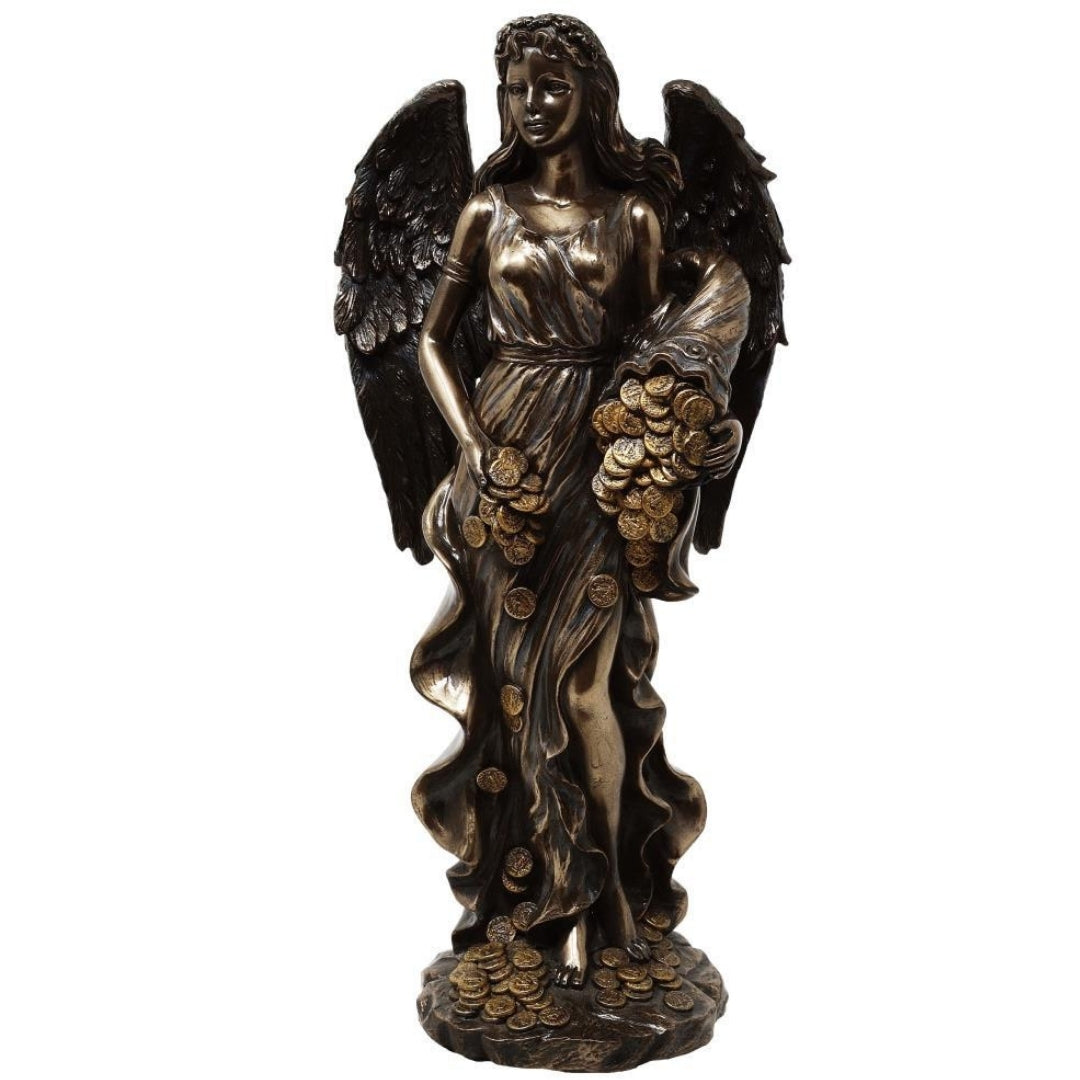Figurină Fortuna, zeița norocului și bogăției, 29cm, cu cornul abundenței - gravură personalizată pentru cadou, decorațiune elegantă din conglomerat de rășini în nuanțe de maro și cupru