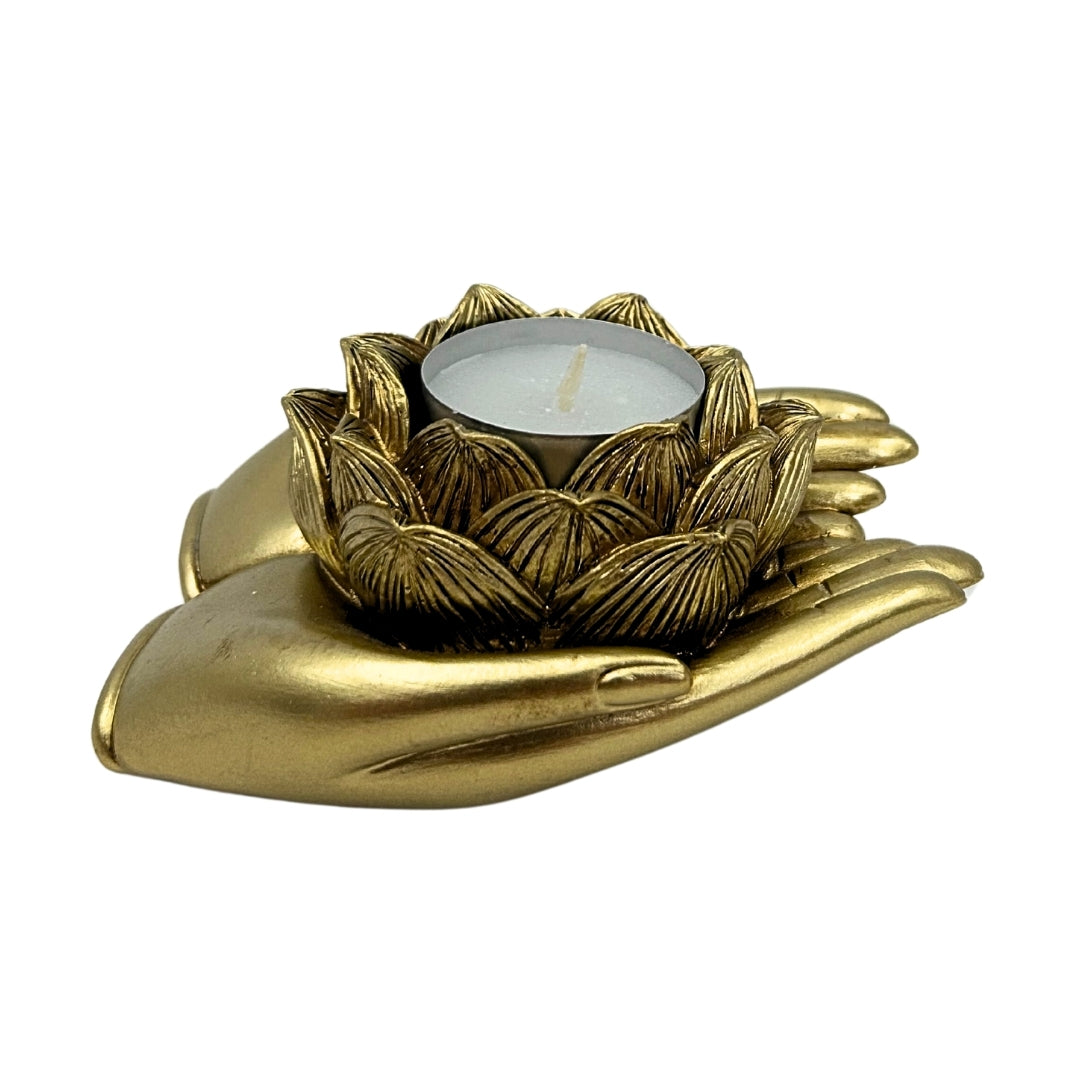 Sfeșnic auriu glamour pentru lumânare tip tealight, cu posibilitate de personalizare prin gravură – Element decorativ elegant pentru interior, cu dimensiunile 11,5 x 9,4 x 4,8 cm, din polirășină