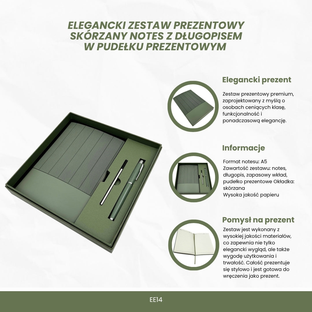 Set cadou elegant cu gravură personalizată - agendă A5 din piele verde măsliniu, cu stilou și rezervă suplimentară, în cutie cadou estetică