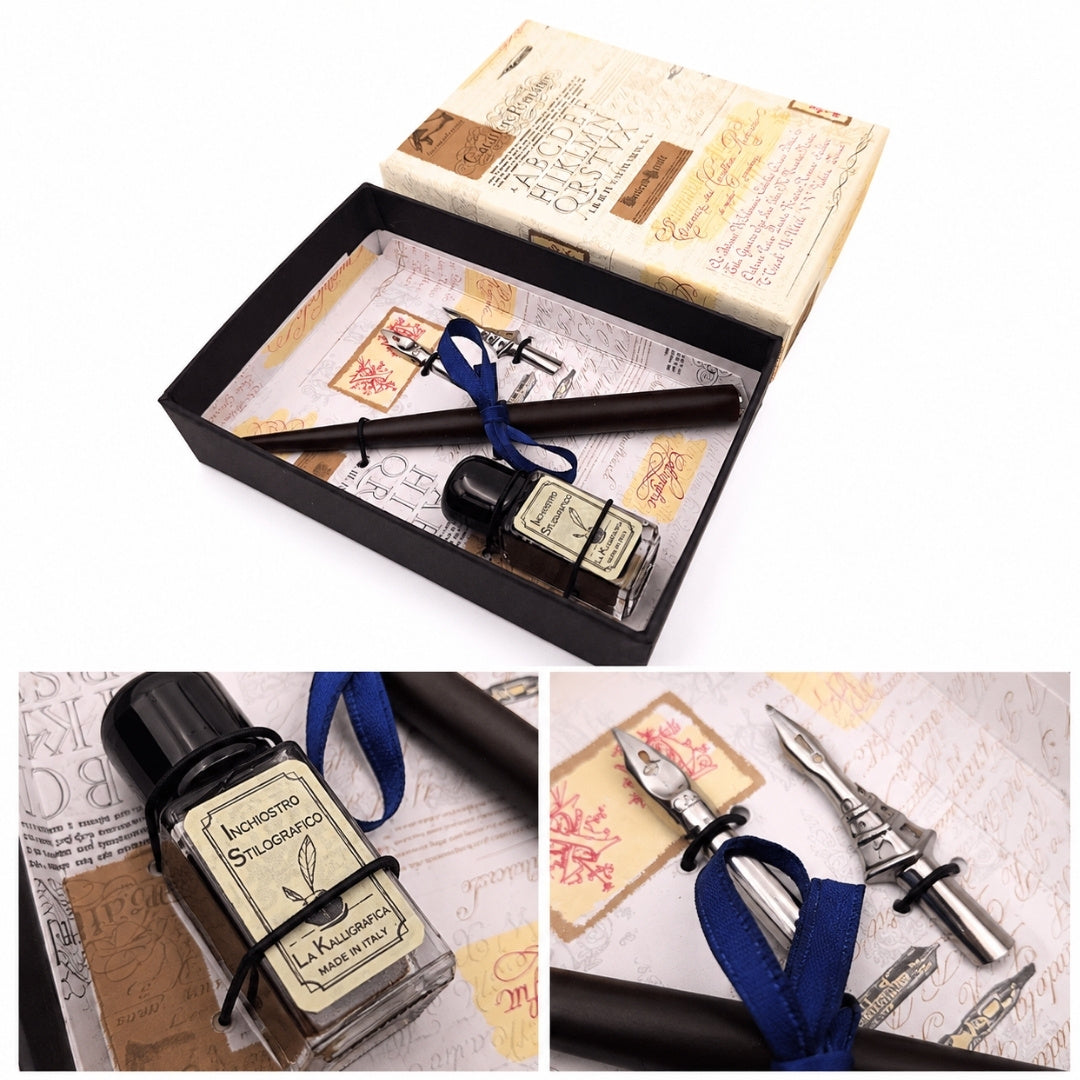 Set de caligrafie cu gravură personalizată - stilou italian cu două penițe și călimară, ideal pentru cadou - ambalaj elegant 12.5x8,5x3cm