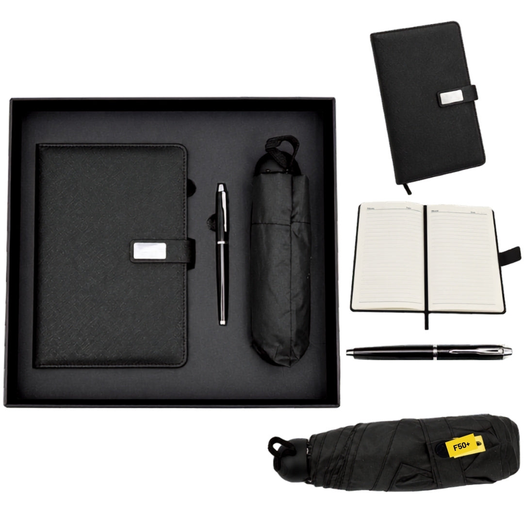 Set cadou elegant - carnet din piele cu umbrelă și pix în cutie cadou - EE12
