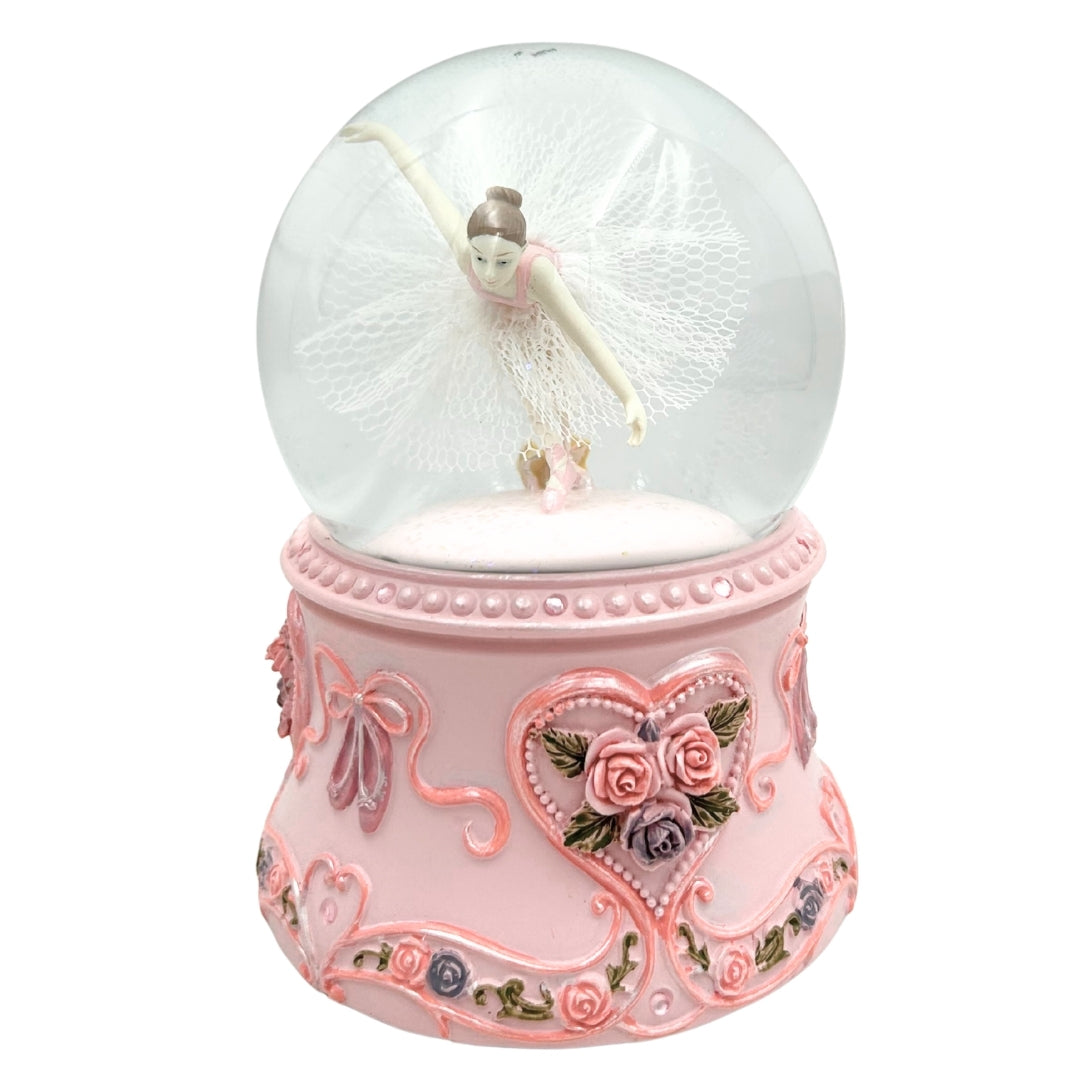 Balerină dansatoare în glob de sticlă 15cm cu gravură personalizată - cutie muzicală elegantă cu bază pastelată și melodia Lacul Lebedelor