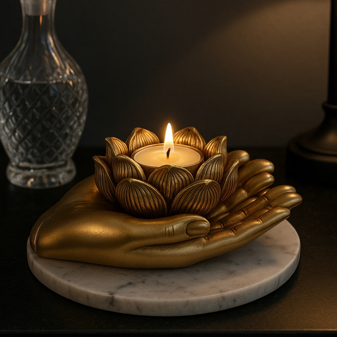 Sfeșnic auriu glamour pentru lumânare tip tealight, cu posibilitate de personalizare prin gravură – Element decorativ elegant pentru interior, cu dimensiunile 11,5 x 9,4 x 4,8 cm, din polirășină