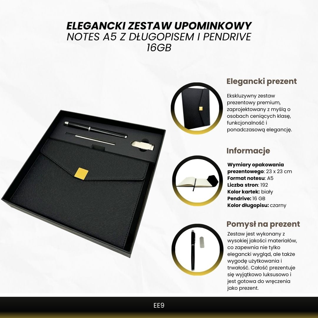 Set cadou elegant Premium – agendă A5 cu pix și pendrive 16GB în cutie – negru-auriu – EE9