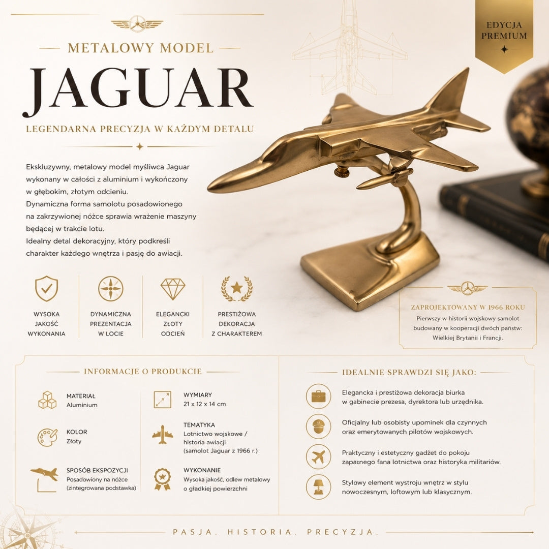 Model metalic de avion de vânătoare Jaguar în culoare aurie, cu posibilitate de gravare