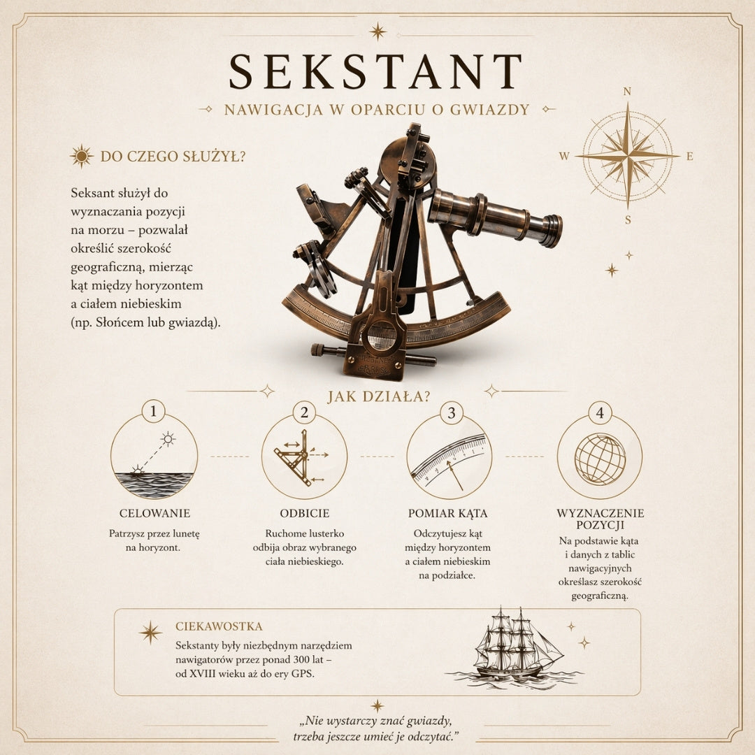 Sextant din alamă cu gravură, în cutie din lemn