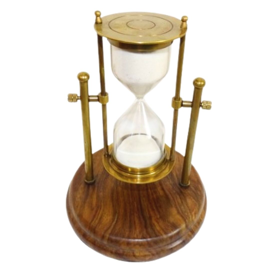 Clepsidră din alamă TMR-0200 pe bază din lemn, cu posibilitate de personalizare prin gravură - cadou elegant pentru birou, 20 cm înălțime, nisip alb
