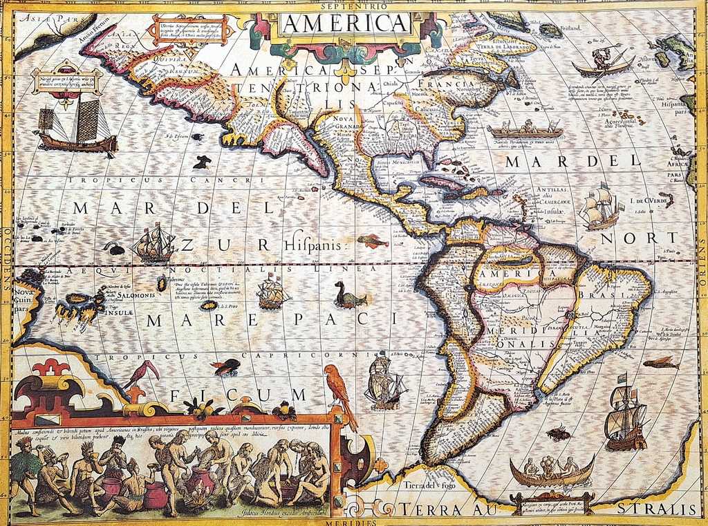 Harta Americii 1628r. - reprint J. Hondius cu posibilitate de personalizare prin gravură - cadou ideal pentru călători și pasionați de istorie - dimensiuni 37,5 x 50 cm
