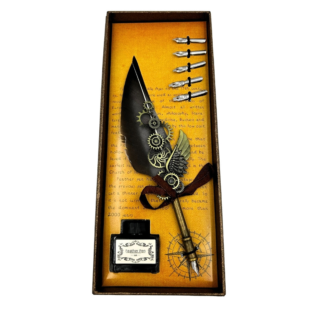 Set elegant de caligrafie retro cu pană de gâscă gri, 6 penițe, cerneală 15ml și opțiune de personalizare prin gravură