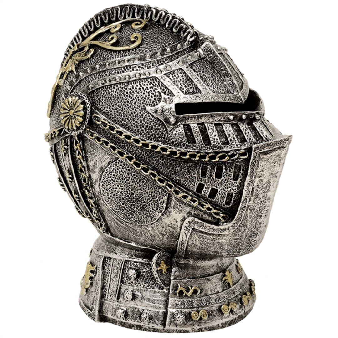 Pușculiță decorativă cască de cavaler, cu gravură - argint antichizat, 13 cm