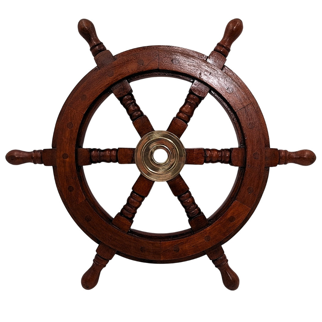 Roată de cârmă din lemn 45 cm cu centru din alamă - gravură personalizată - decorațiune marinărească retro pentru cadou pentru un navigator sau un iubitor al mării