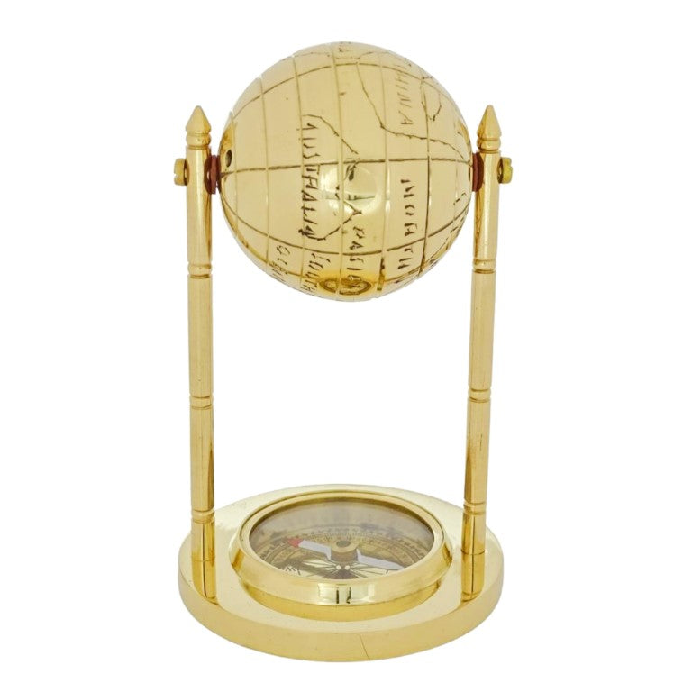 Glob decorativ din alamă cu busolă și posibilitate de personalizare prin gravură, auriu, înălțime 12,5 cm