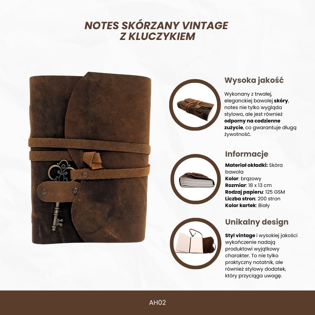 Notes Skórzany Retro z Kluczykiem i Paskiem 200 stron 18 x 13 cm