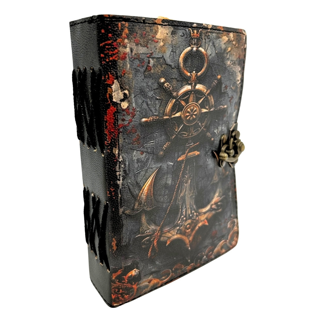 Jurnal din piele retro cu tematică marină, 200 de pagini, cu posibilitate de personalizare prin gravură, ideal ca dar pentru artiști și călători, realizat din piele naturală de capră, în culoare vintage, dimensiuni 18 x 13 cm