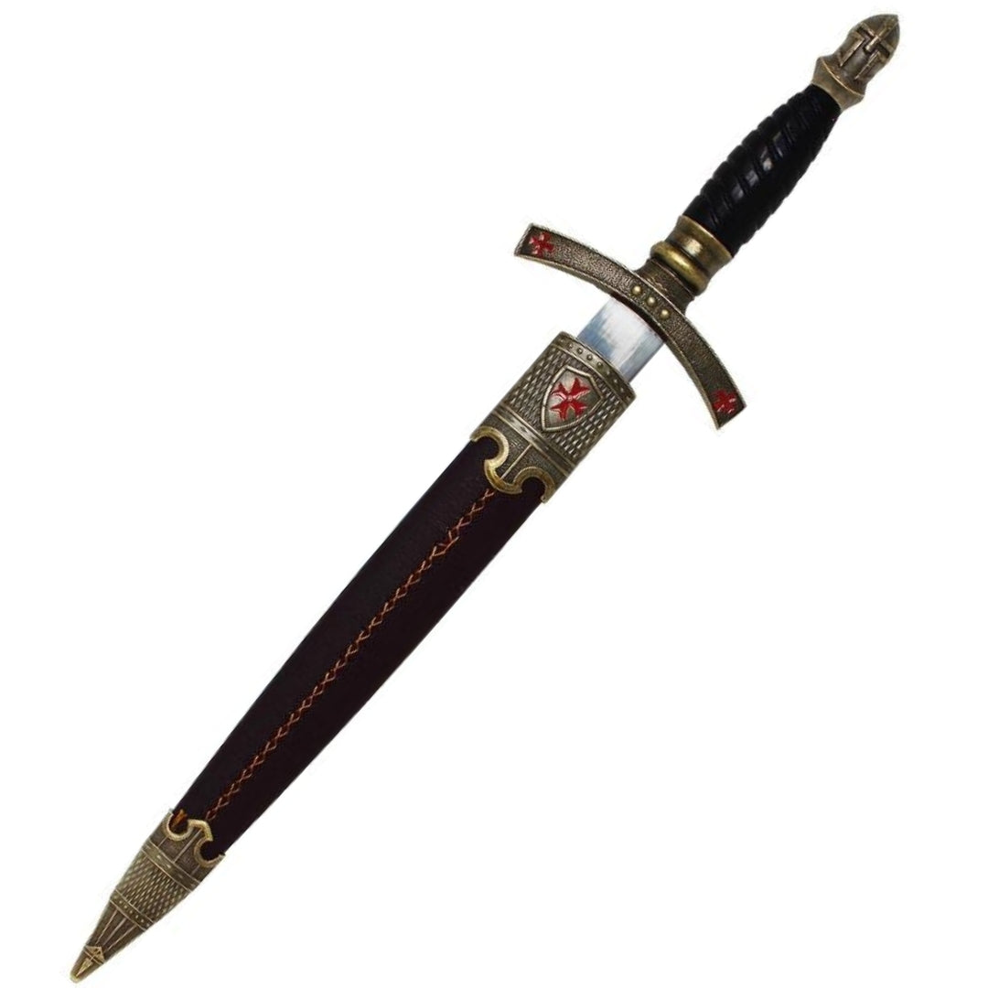 Pumnal templier decorativ în teacă, cu gravură – replică din oțel inoxidabil, 40 cm