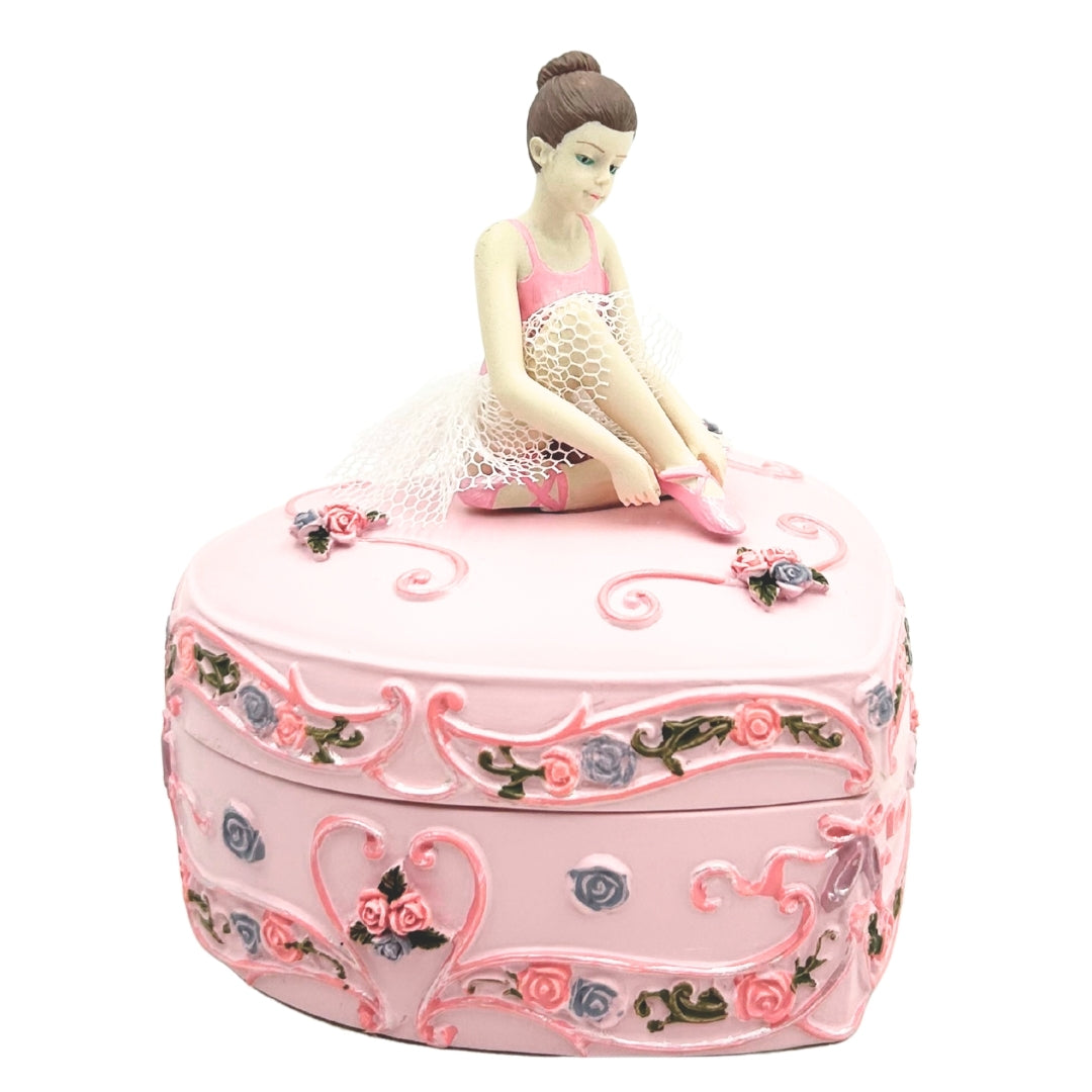 Cutie muzicală mică inimă cu balerină Lacul Lebedelor, cu posibilitate de personalizare prin gravură, roz, 12,5 cm, cadou ideal pentru zi de naștere sau aniversare