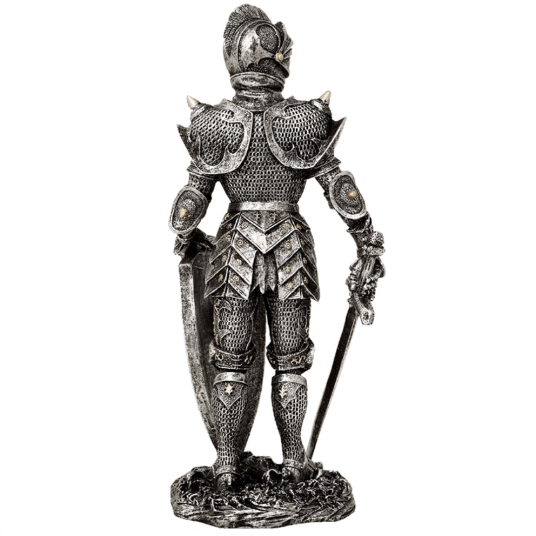 Figurină decorativă cavaler în armură argintie 30 cm, cu posibilitate de personalizare prin gravură - cadou elegant pentru iubitorii de istorie și fantasy, pictată manual, din polirășină