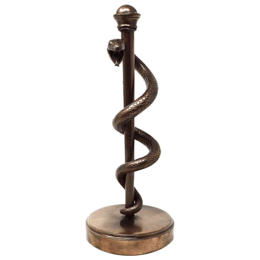 Statuetă cu Toiagul lui Esculap 30 cm din rășină - cadou personalizat pentru medic, asistent medical sau farmacist - decorațiune maro/alamă cu gravură