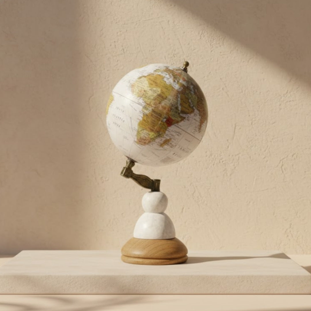Glob decorativ Voyager pe bază din marmură și lemn, cu opțiune de personalizare prin gravură – cadou elegant pentru iubitorii de călătorii, înălțime 32 cm, diametru 15,5 cm, hartă albă cu continente colorate