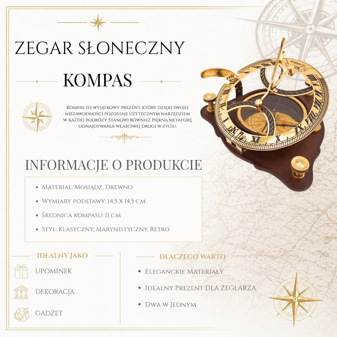 Elegancki Kompas Mosiężny z Zegarem Słonecznym na Drewnianej Podstawie C064 z Możliwością Personalizacji Grawerem
