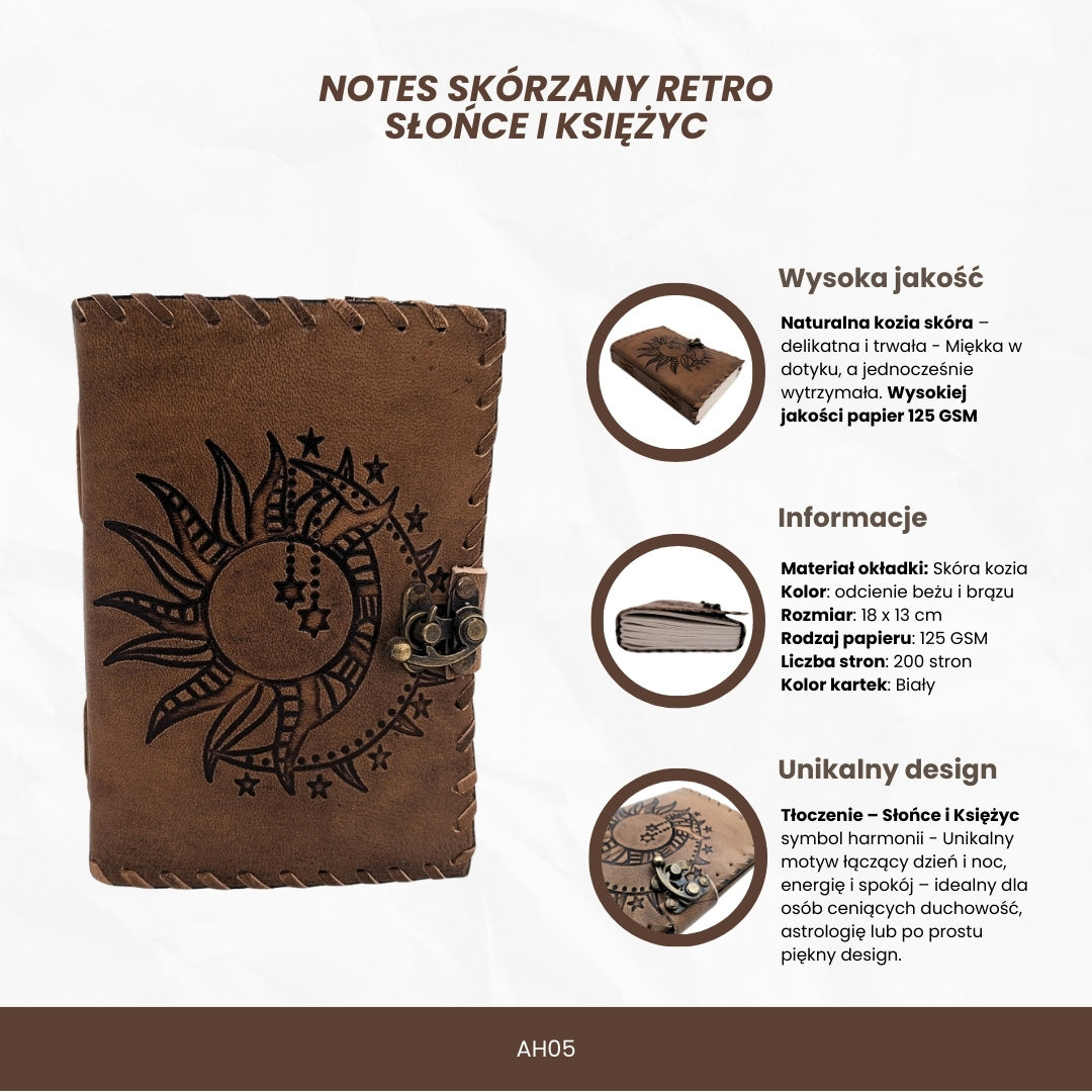 Notes Skórzany Retro Słońce i Księżyc 200 stron z możliwością personalizacji grawerem, beżowo-brązowy, idealny na prezent dla artysty lub miłośnika magii codzienności