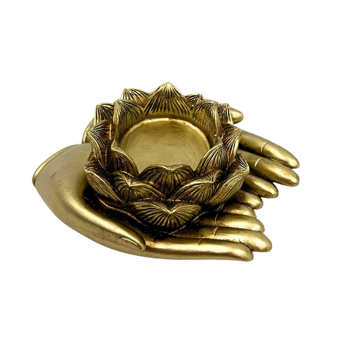 Sfeșnic auriu glamour pentru lumânare tip tealight, cu posibilitate de personalizare prin gravură – Element decorativ elegant pentru interior, cu dimensiunile 11,5 x 9,4 x 4,8 cm, din polirășină
