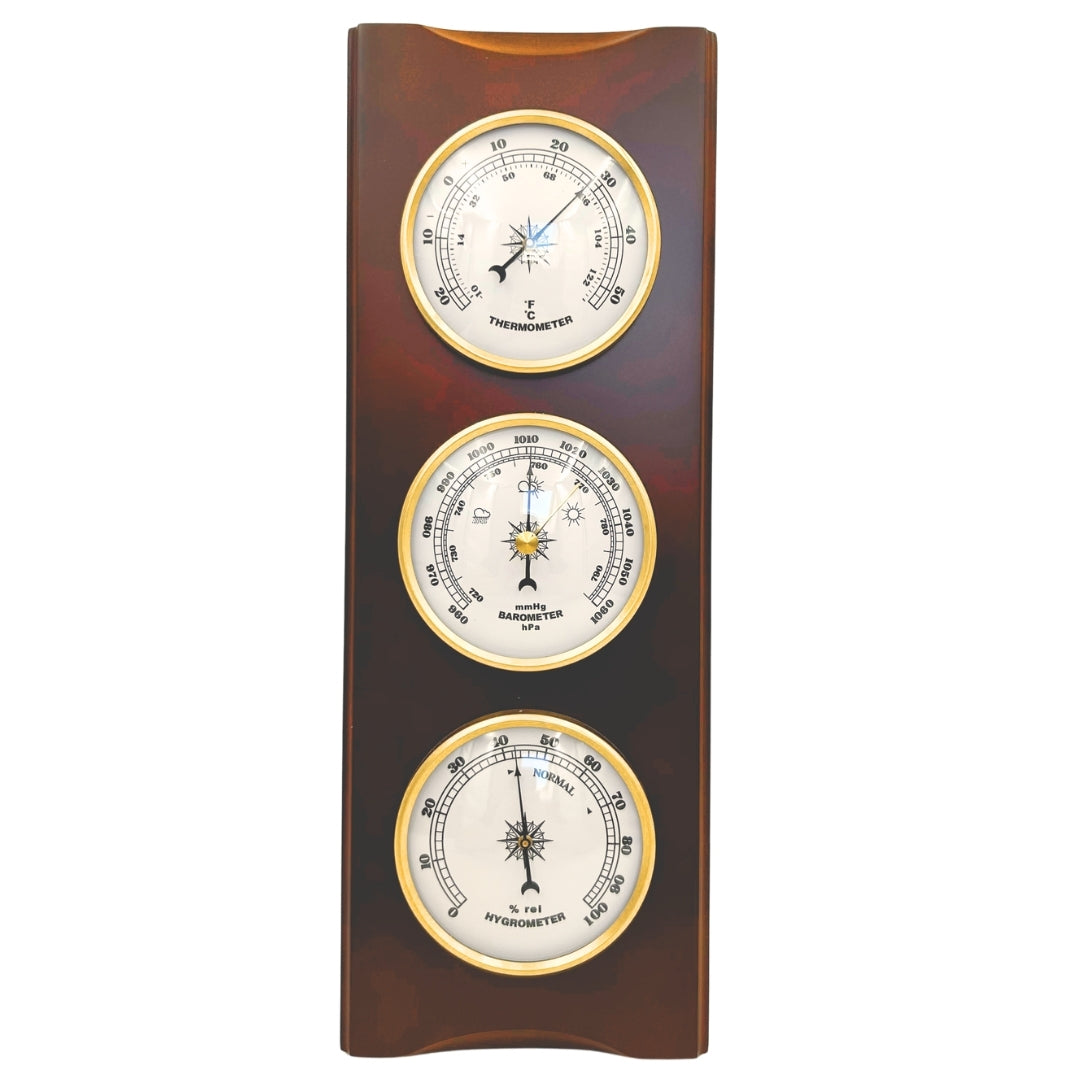 Stație meteo retro elegantă 36cm cu gravură – barometru, termometru, higrometru în carcasă din lemn