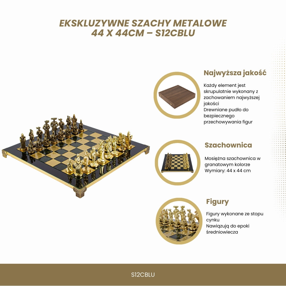 Șah metalic exclusivist cu tablă de șah din alamă 44 x 44 cm – piese medievale cu posibilitate de personalizare prin gravură