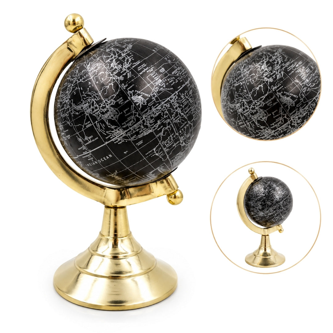 Glob decorativ Black & Gold, cu posibilitate de personalizare a gravurii – accesoriu elegant pentru cadou, înălțime 20 cm, bază din alamă, hartă neagră cu inscripții argintii