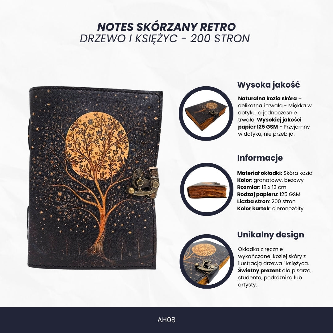 Caiet din piele vintage retro Copacul și Luna, 200 de pagini, cu posibilitate de personalizare prin gravură