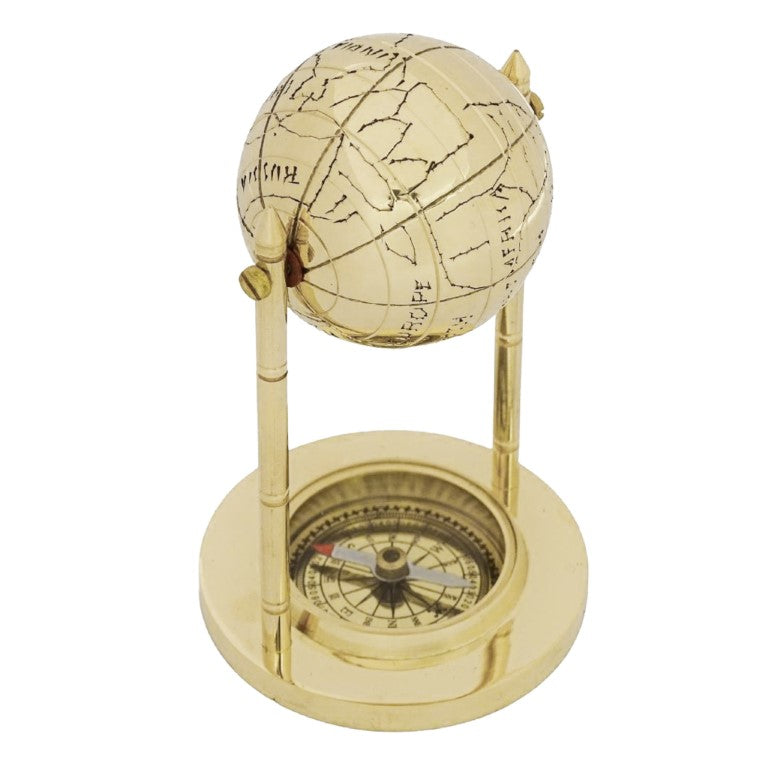 Glob decorativ din alamă cu busolă și posibilitate de personalizare prin gravură, auriu, înălțime 12,5 cm