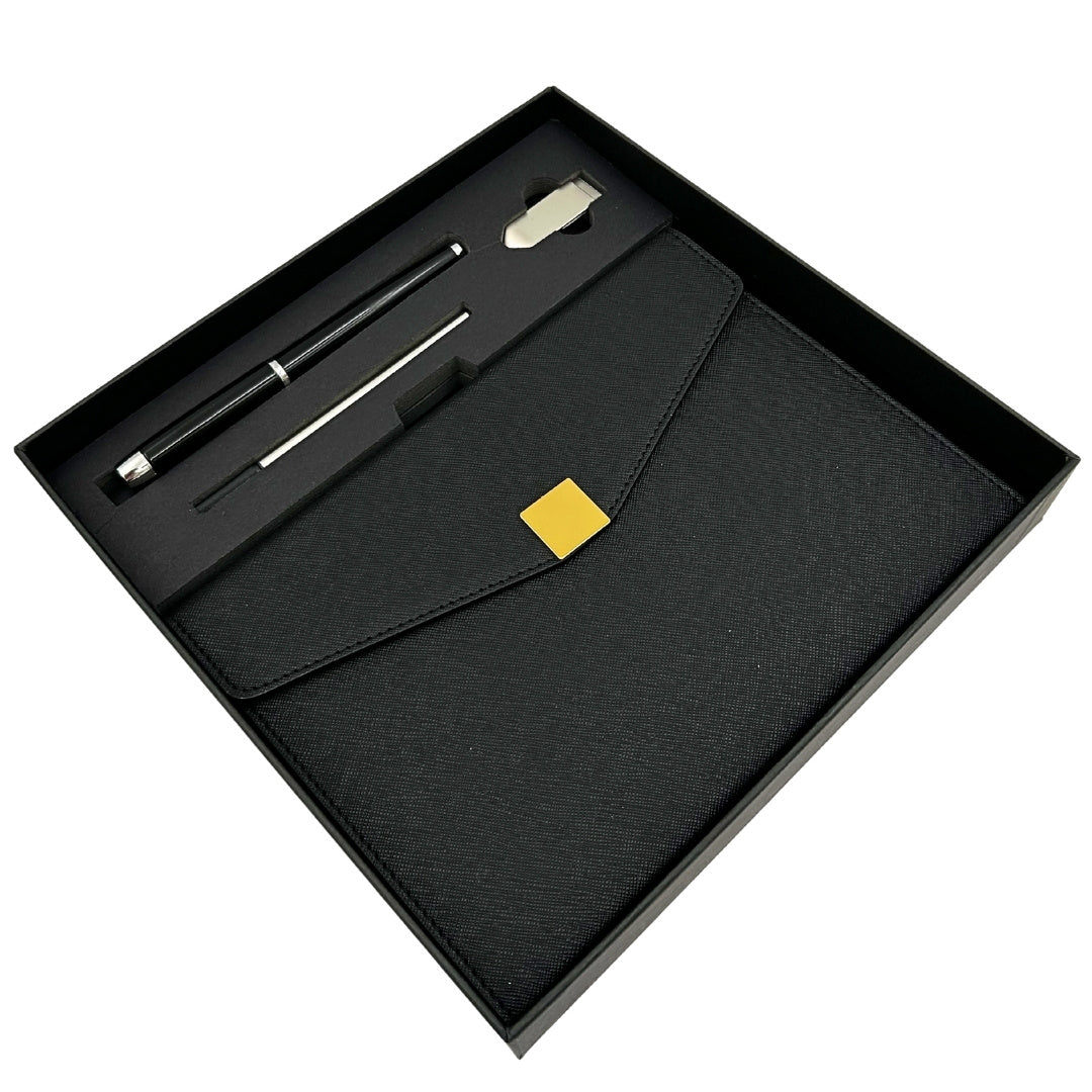 Set cadou elegant Premium – agendă A5 cu pix și pendrive 16GB în cutie – negru-auriu – EE9