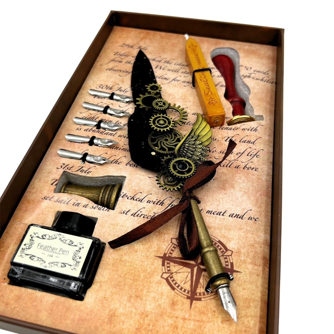 Set de caligrafie premium pană de gâscă - 6 penițe sigiliu suport pentru pană - EE16