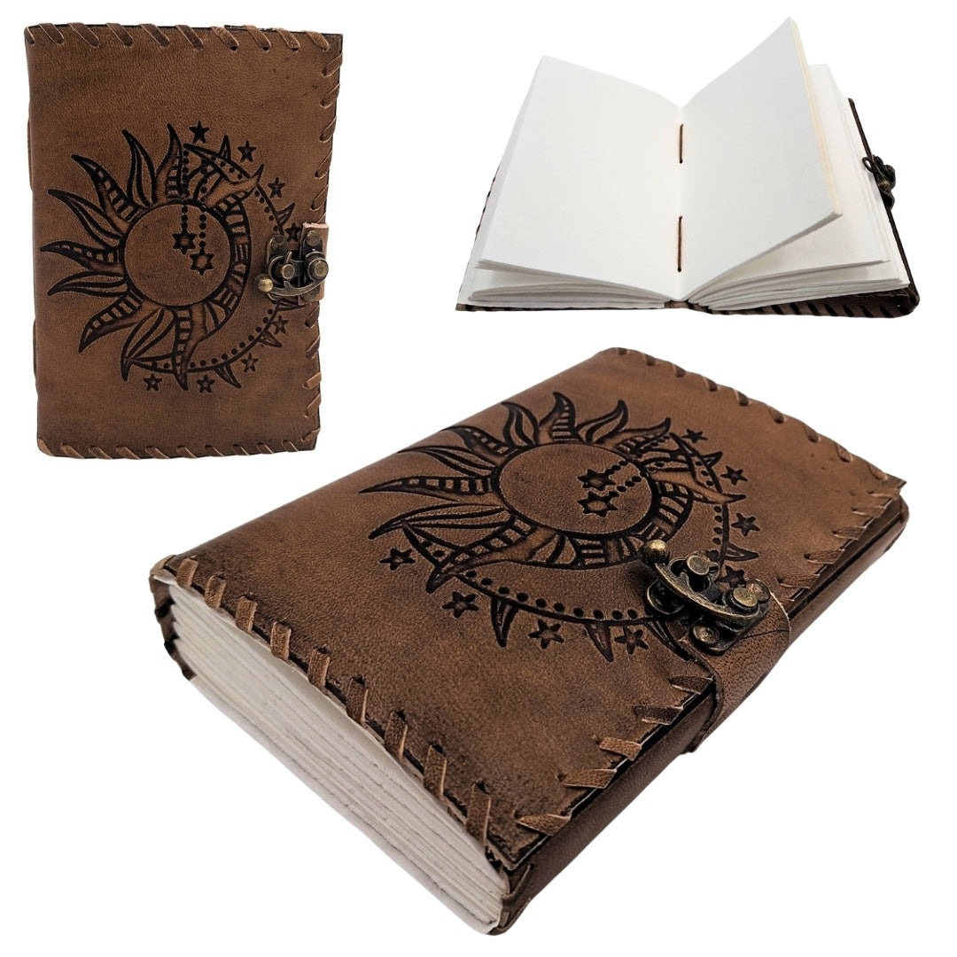 Notes Skórzany Retro Słońce i Księżyc 200 stron z możliwością personalizacji grawerem, beżowo-brązowy, idealny na prezent dla artysty lub miłośnika magii codzienności