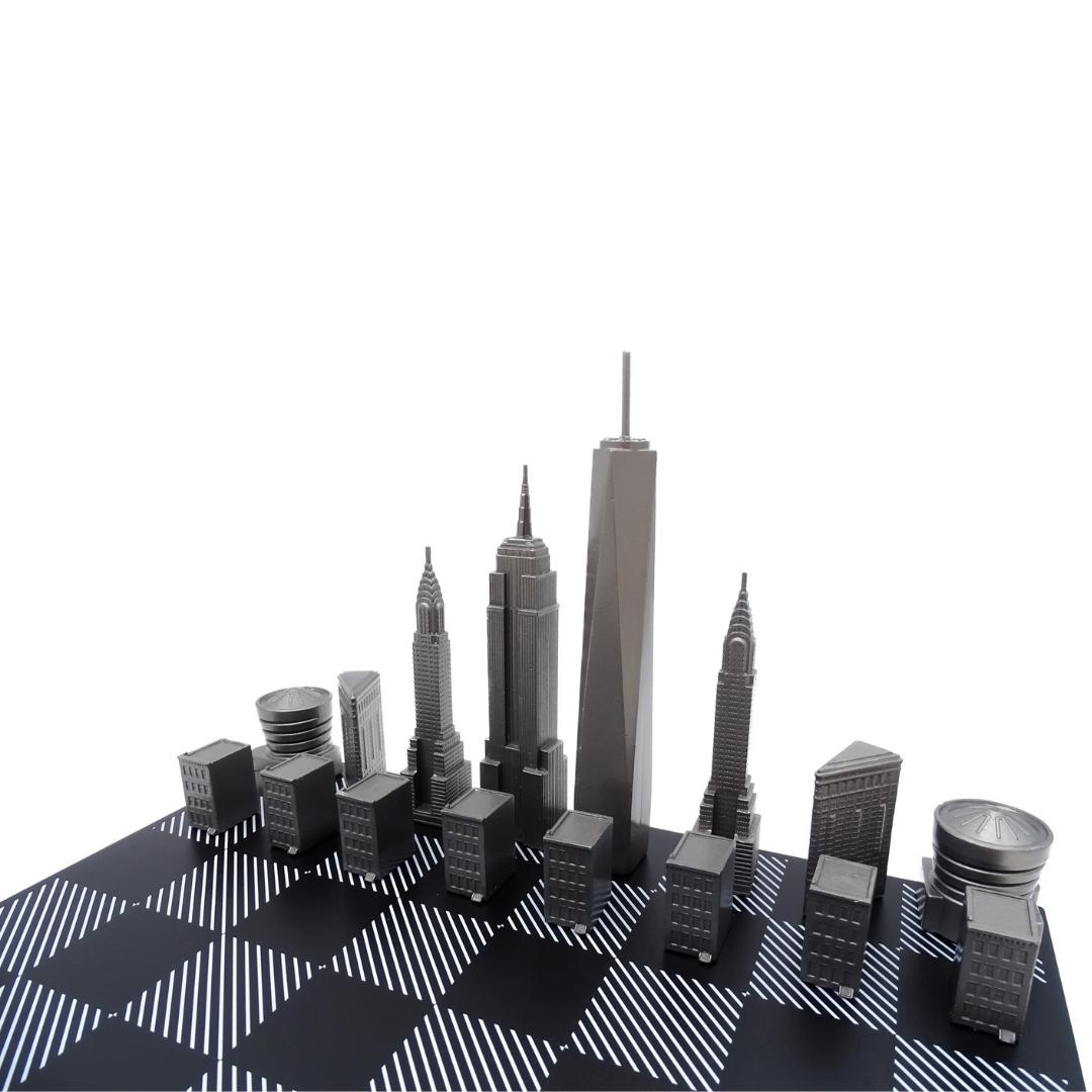 Șah Skyline New York cu gravură, din oțel inoxidabil