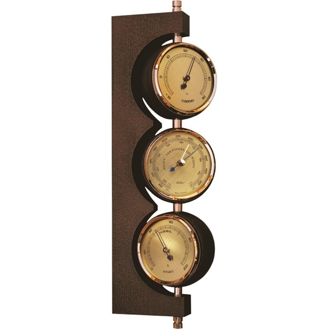 Stație meteo exclusivistă Fischer 7894-22 din alamă și mahon, cu gravură personalizată - barometru, termometru și higrometru, cadou în stil clasic, dimensiuni 29x7,3 cm