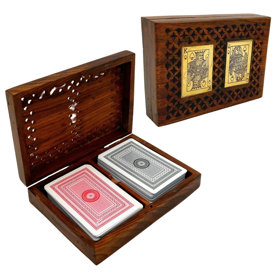 Set elegant de două pachete de cărți de joc în cutie din lemn, cu posibilitate de personalizare prin gravare