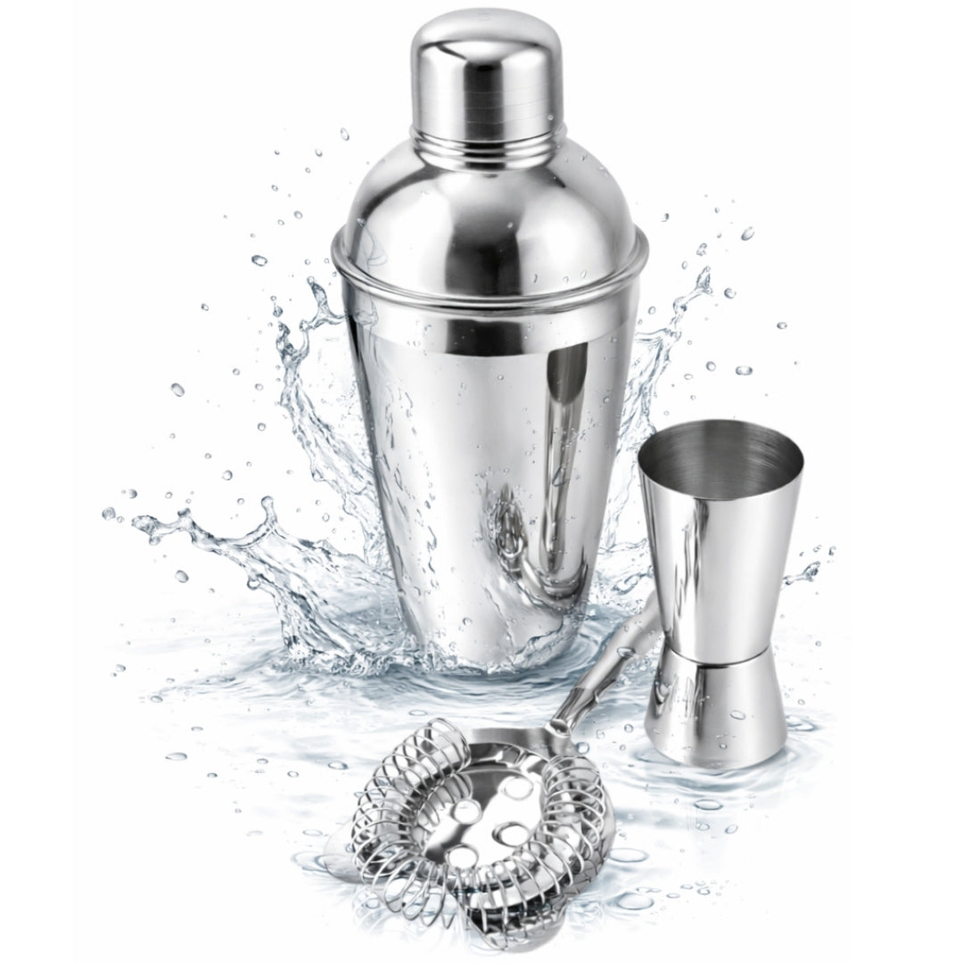 Set de barman Steel, 3 piese, cu posibilitate de personalizare prin gravură - shaker 750 ml, jigger 15/30 ml, strainer - cadou elegant pentru iubitorii de băuturi, oțel inoxidabil, culoare argintie