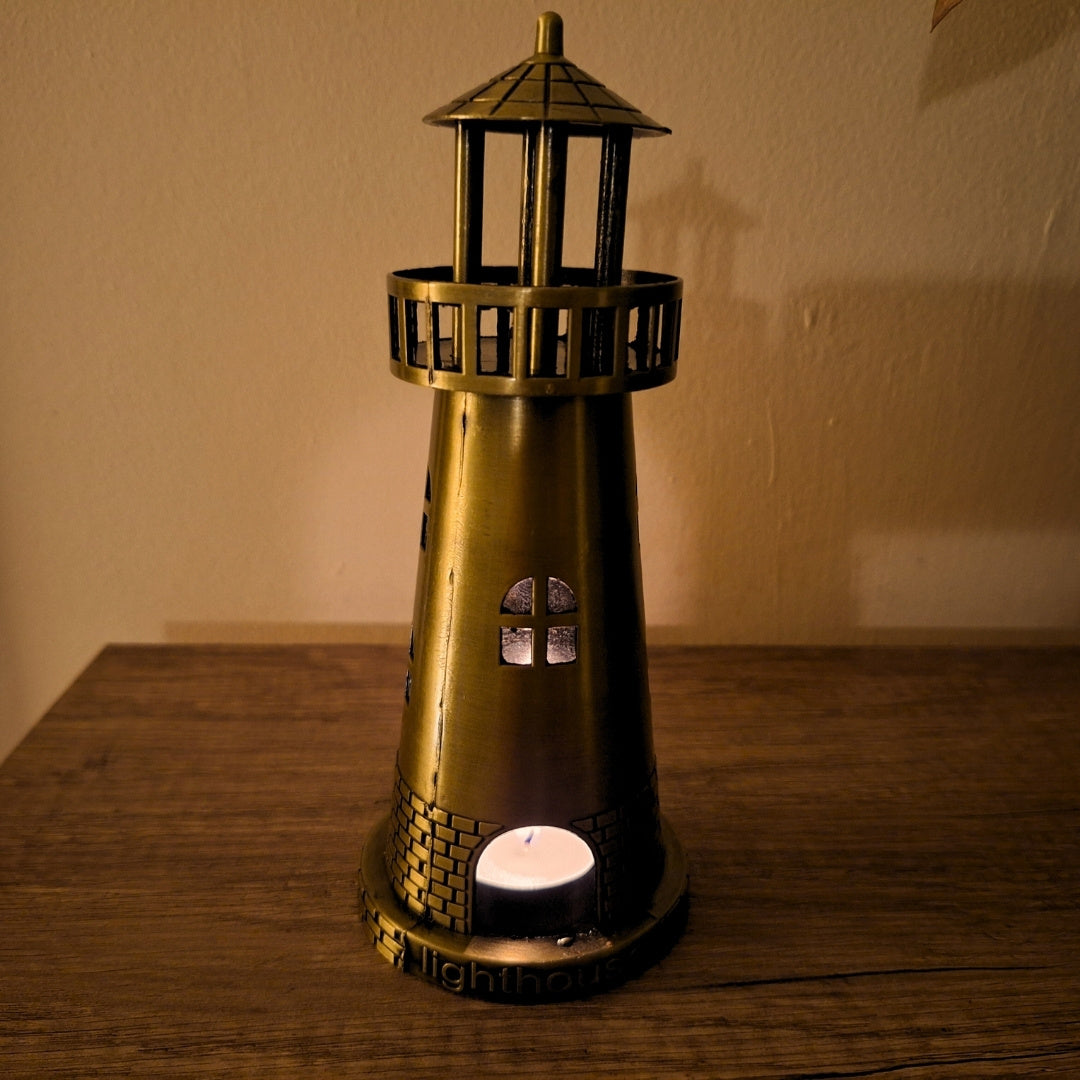 Far maritim suport pentru lumânare tealight 18,5 cm, în auriu antic, cu opțiune de gravare